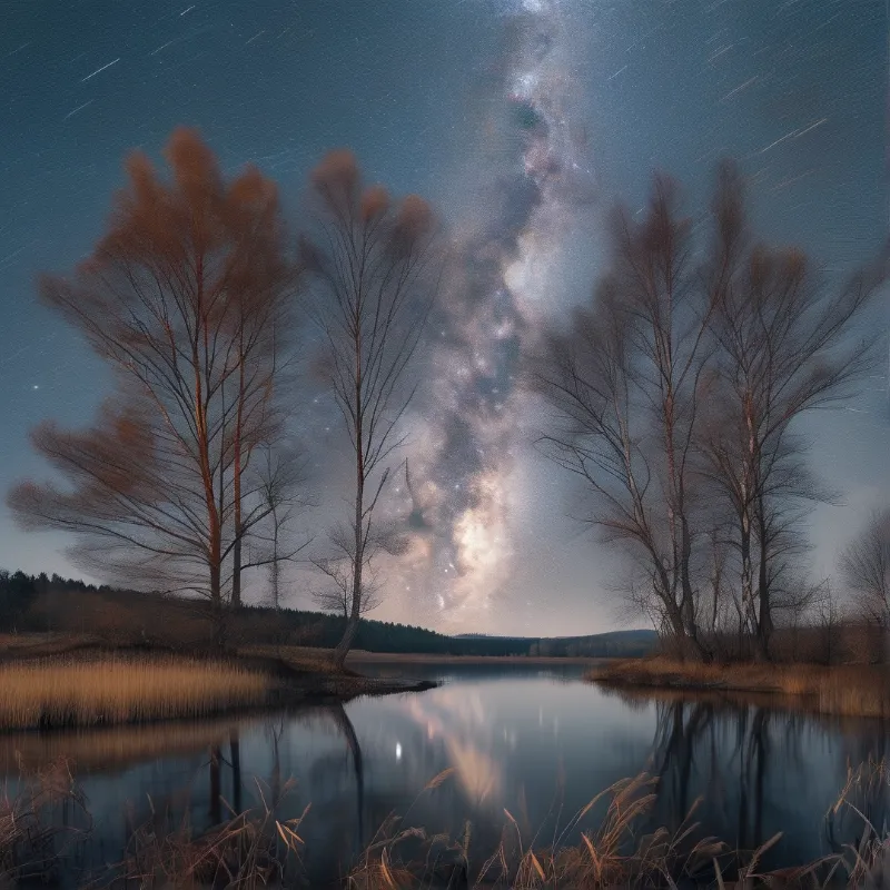 The galaxy core rises between bare treetops and mirrors in a calm lake while star trails streak the deep blue night sky.