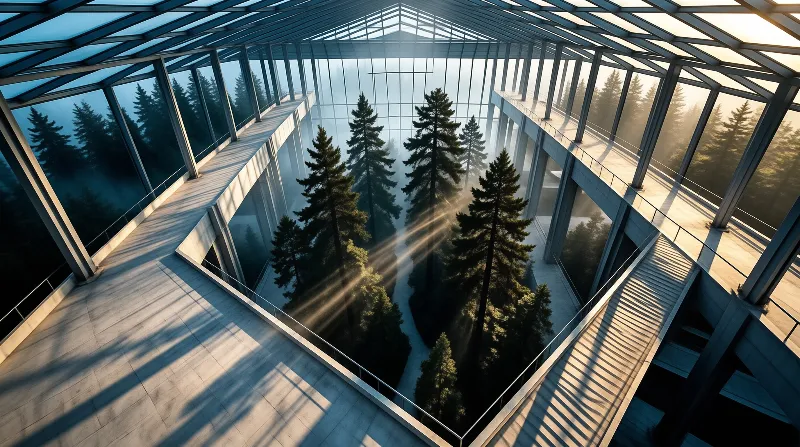 Tall conifer trees grow inside a multi level glass building with walkways and sunlight rays shining through the roof