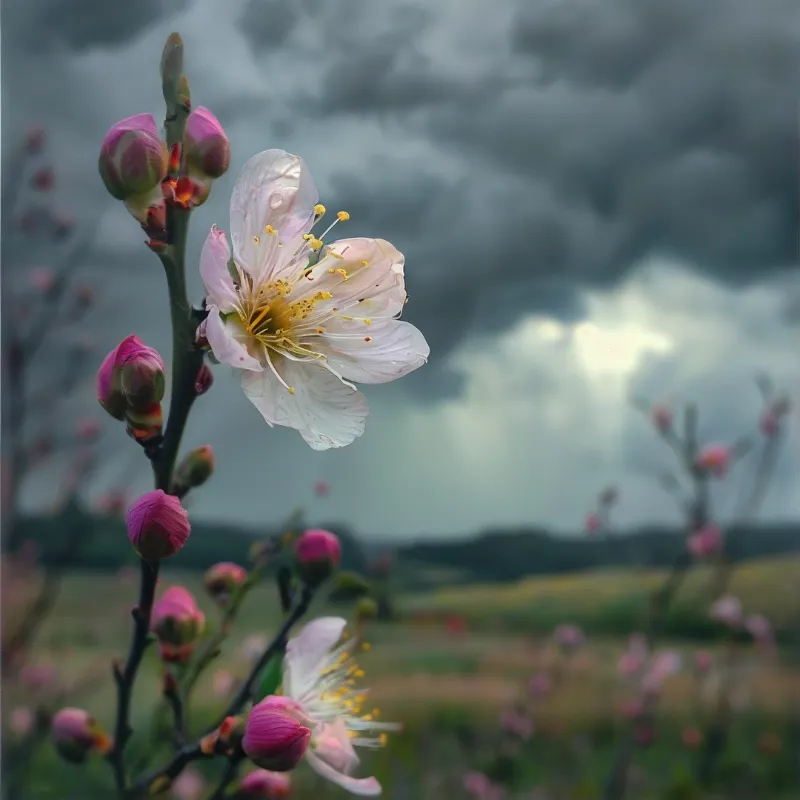 A flowering branch with pink buds and white petals stands before dark storm clouds where light breaks through