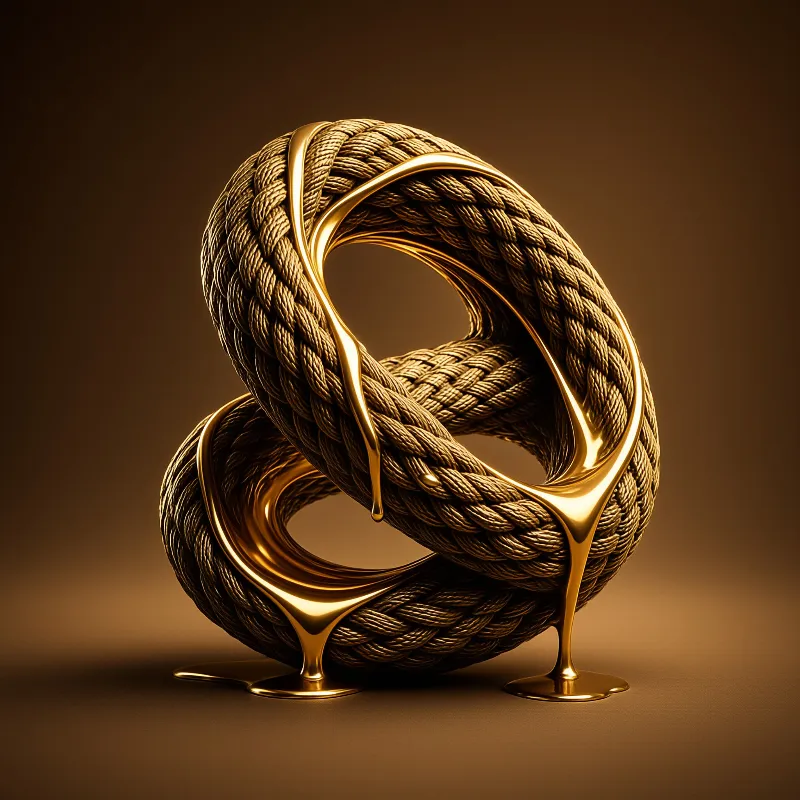 Twisted golden rope structure with flowing liquid metal highlights on dark brown surface.