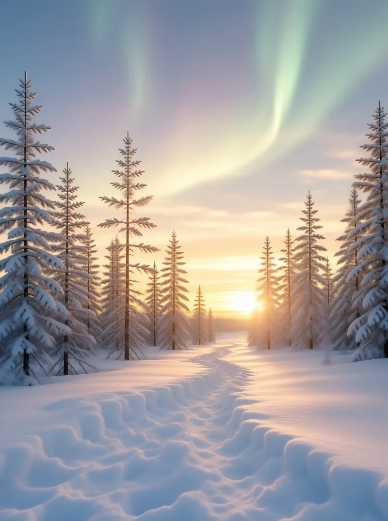 Winter Sunset Through Snowy Forest