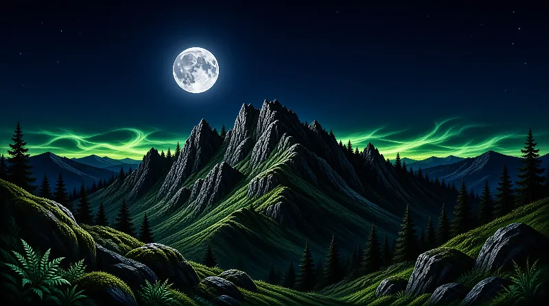 A jagged mountain range rises against a dark sky filled with a bright full moon and green aurora borealis.