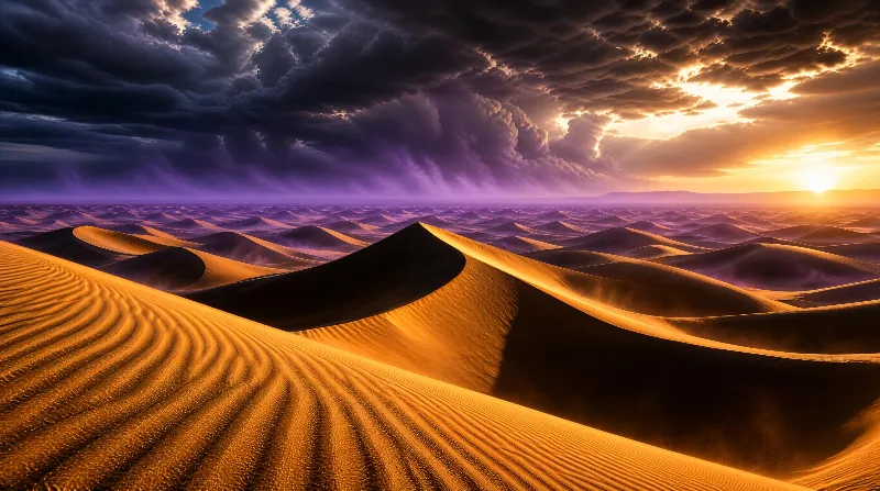 Desert Dunes Under Stormy Sunset Sky