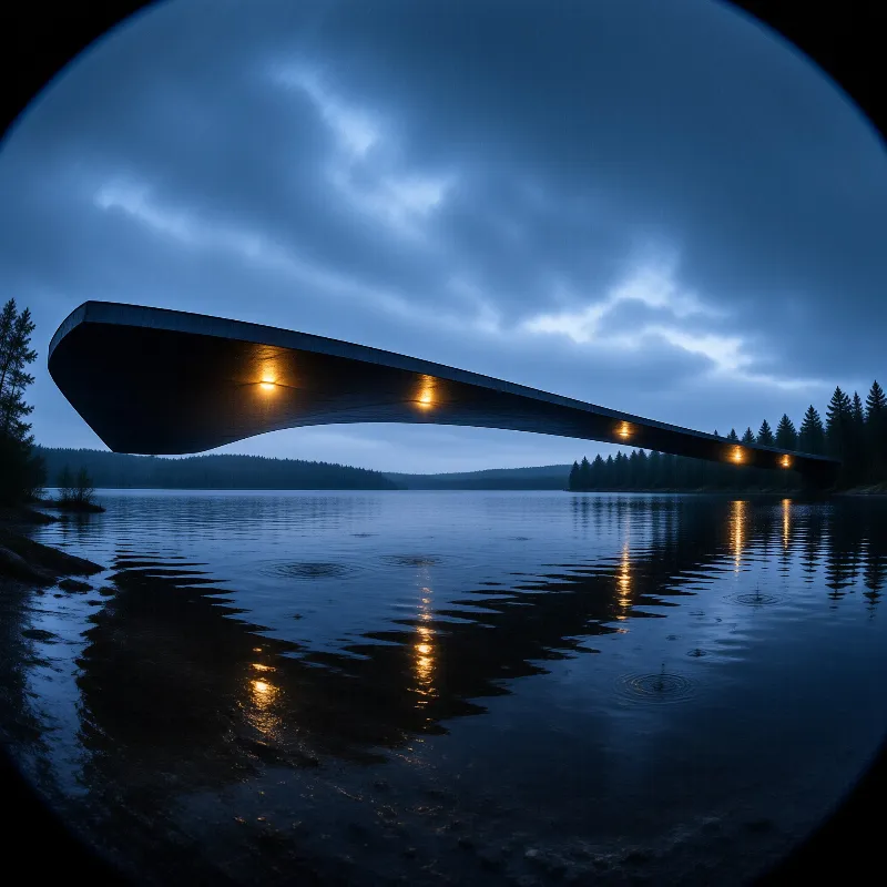 A sweeping low bridge crosses black water at dusk, warm under lamps drawing long amber reflections through light rain.