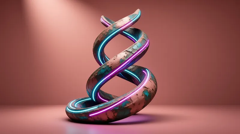 A textured spiral sculpture with glowing blue and magenta neon lines sits against a smooth gradient warm pink backdrop.