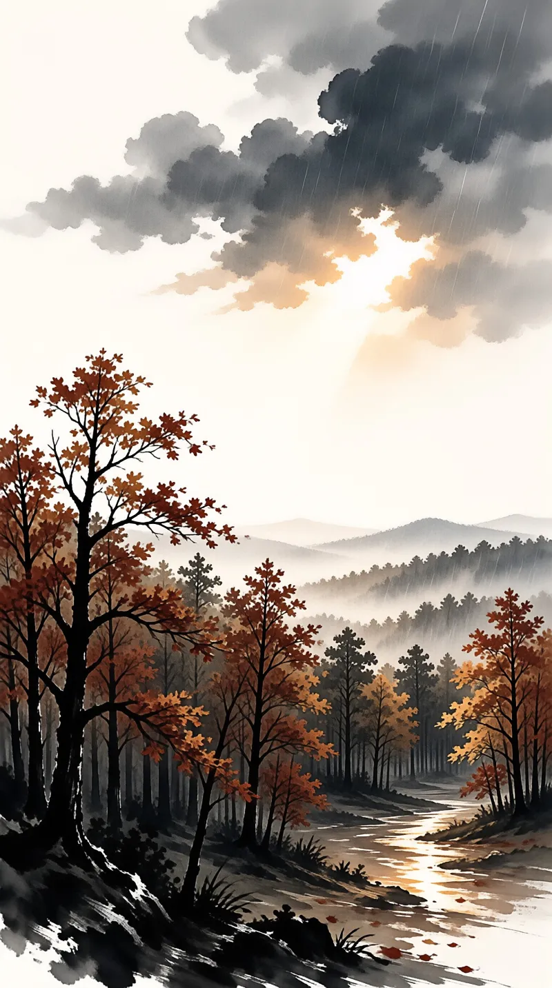 A winding stream flows through a dense forest of autumn trees with orange foliage while dark storm clouds gather above and a beam of sunlight breaks through the misty distant mountains.