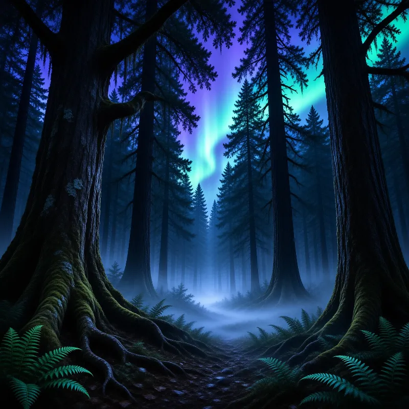 Aurora Over Misty Forest