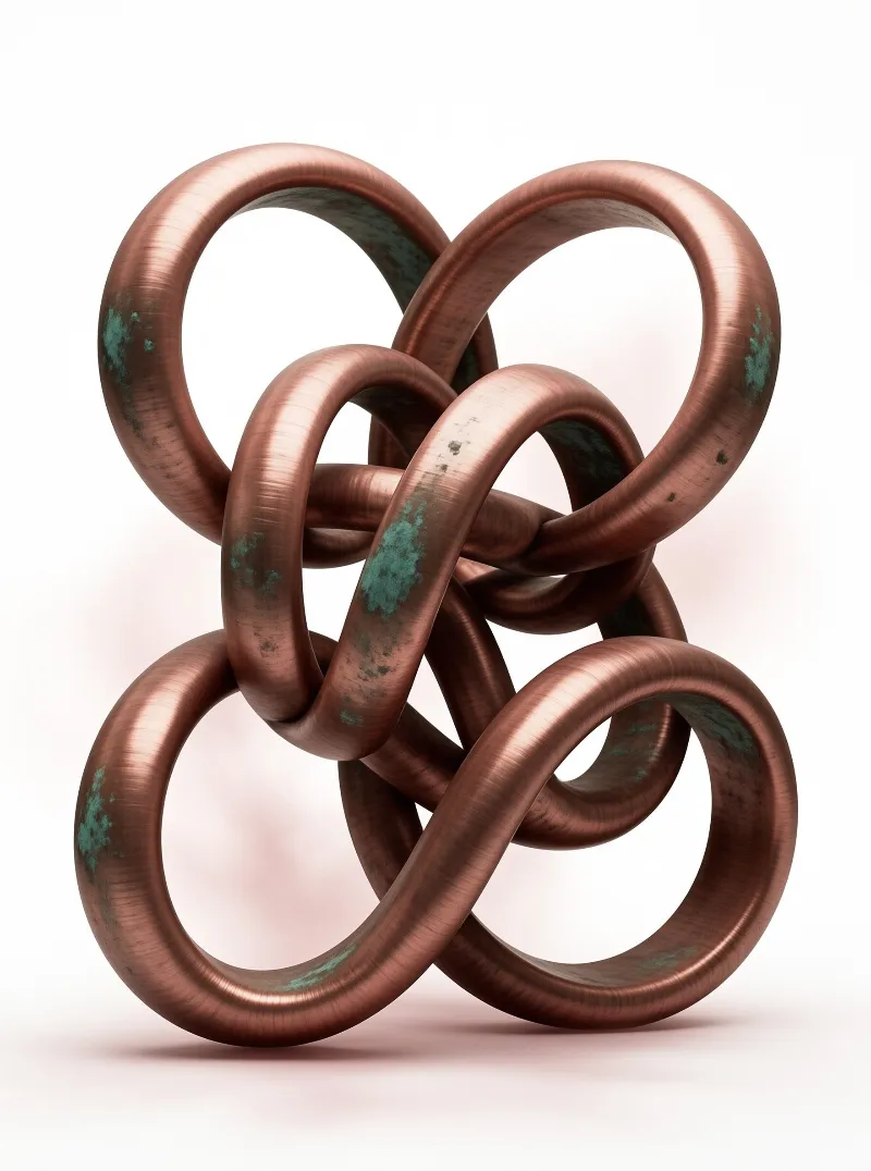 A complex knot of copper rings showing green oxidation sits on a white surface with soft shadows.