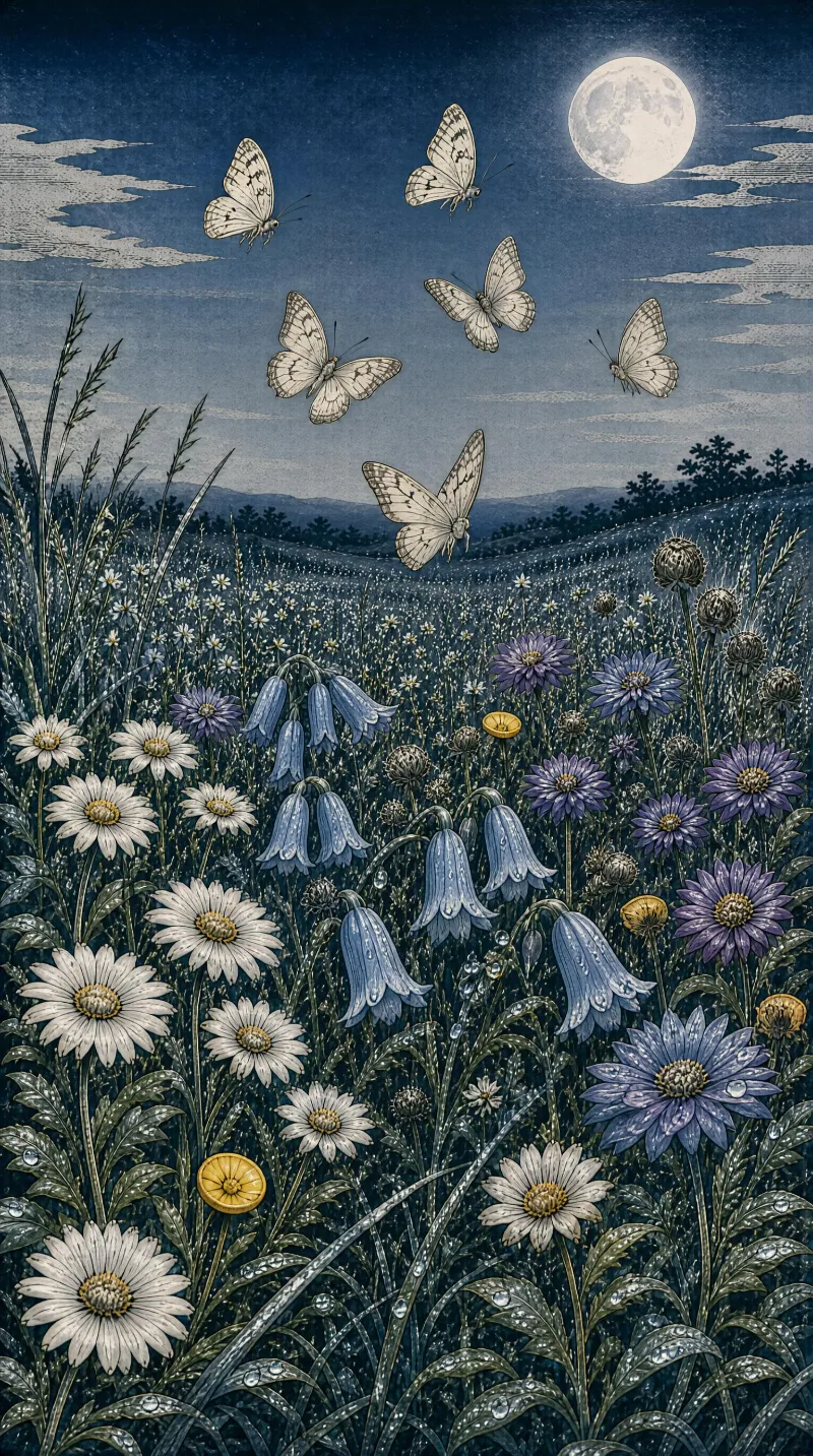 A nighttime meadow scene with white butterflies fluttering above daisies, bluebells, and purple flowers under a full moon, with dew drops on petals and distant hills