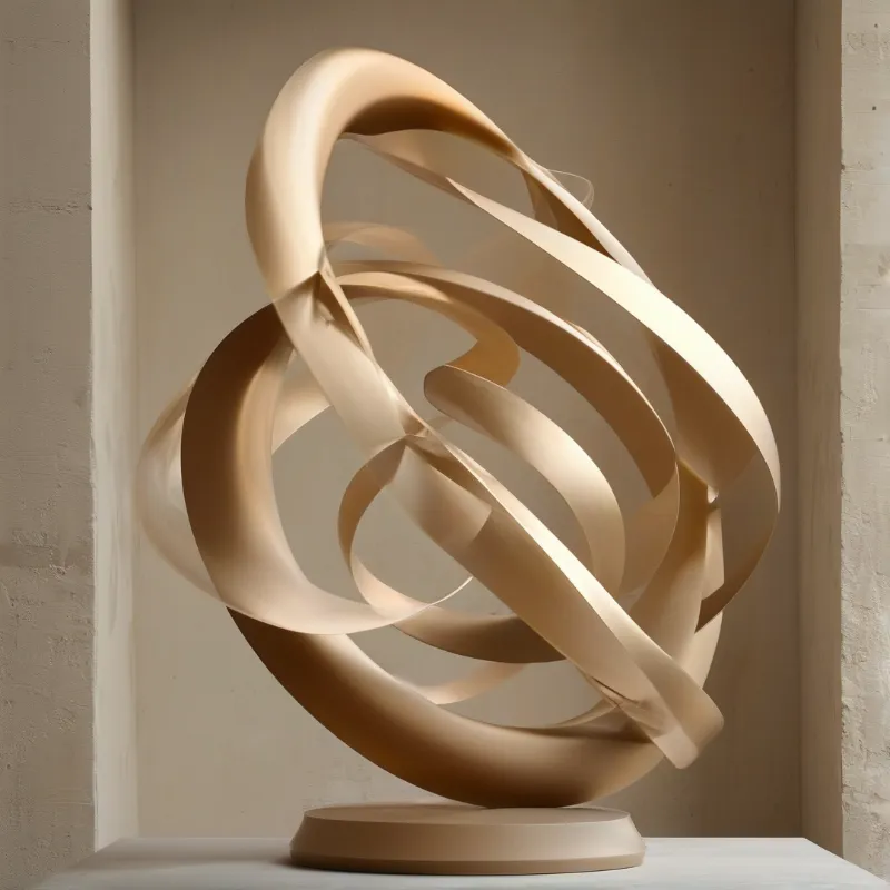 A beige abstract sculpture with swirling bands rests on a round pedestal against a neutral wall in soft directional light.