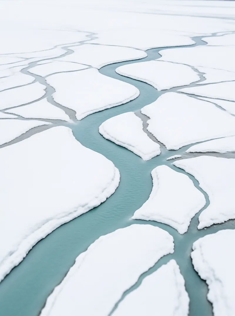 Bright blue meltwater threads between slabs of white snow in an aerial view of thawing ice.