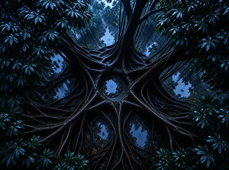 Massive dark tree roots curve inward to create circular pools filled with rainwater reflecting the surrounding sky.