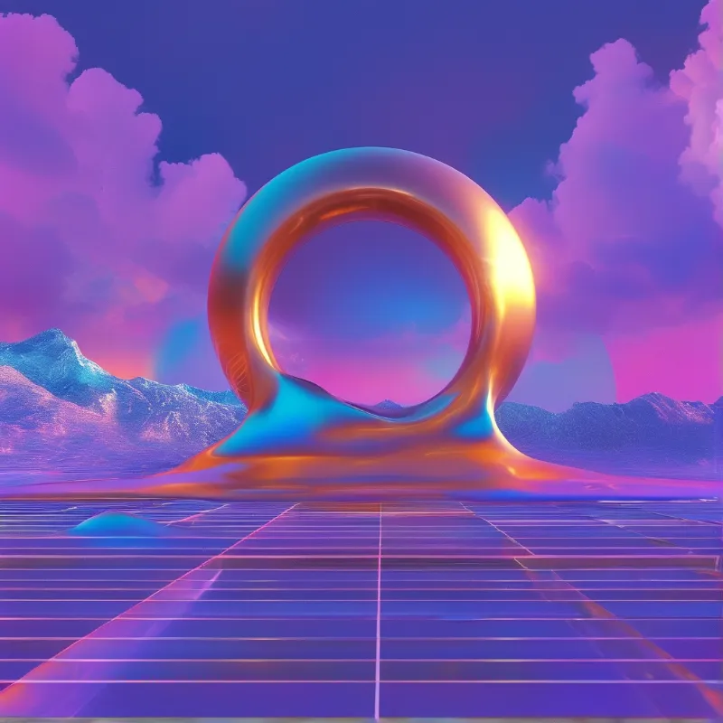 Iridescent molten chrome ring melts down onto a neon grid, set against pink purple sky and glowing mountain peaks.