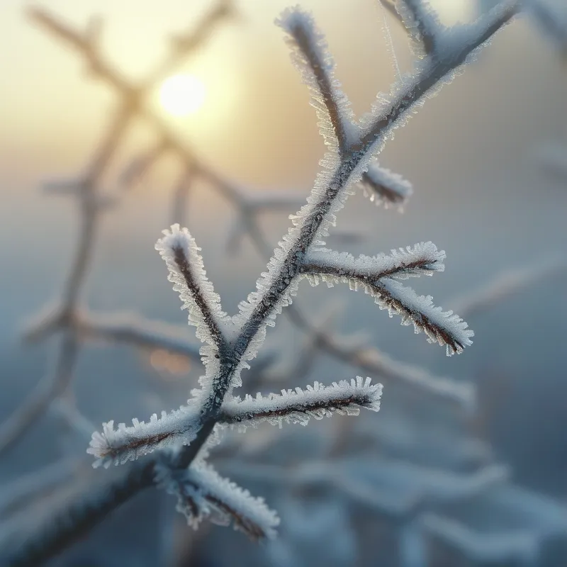Crystalline frost coats bare thin branches against a hazy soft warm sunrise fading into pale blue misty distance.