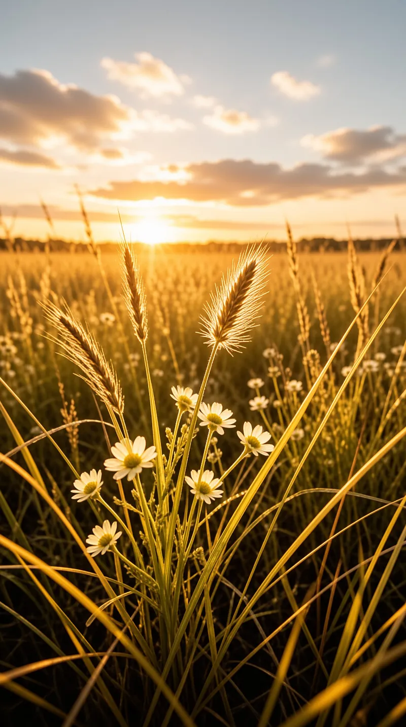 Backlit wheat stalks and small white daisies glow in amber light against a low sun over an open grain field.