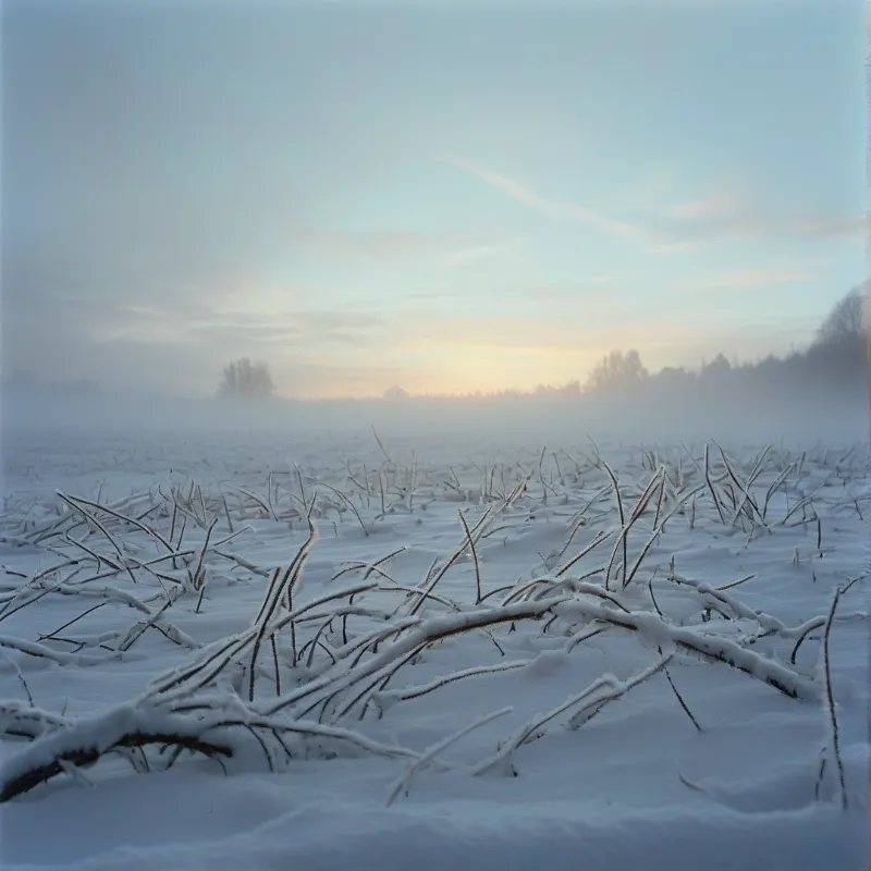 Dried plant stalks protrude from a snow covered field under a foggy sky with soft dawn light.