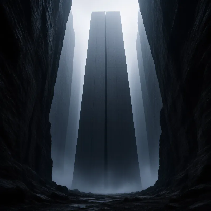 Two massive structures emerge from the misty depths of a dark rocky canyon creating a stark silhouette against the sky.