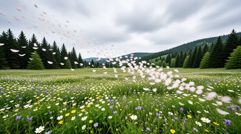 A stream of pale petals blows across a colorful wildflower field bordered by dark evergreen trees under a cloudy sky.