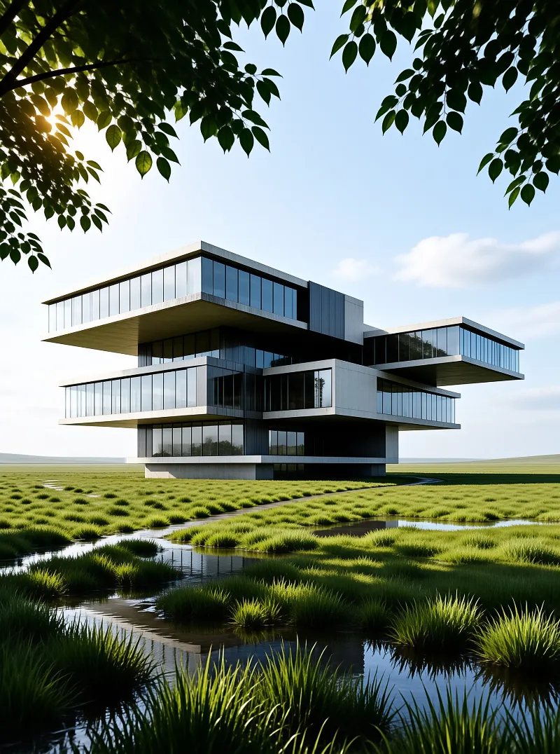 A stacked rectangular villa with wide windows floats above marshy grass and still water beneath overhanging branches.