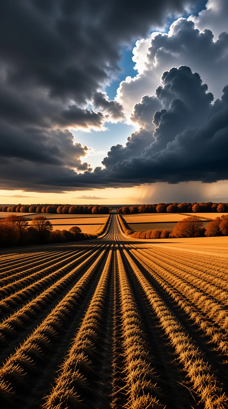 Golden furrows converge toward a distant tree line beneath towering storm clouds at sunset