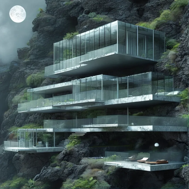 A tiered glass structure cantilevers from a dark rocky cliffside under a large moon and cloudy night sky.