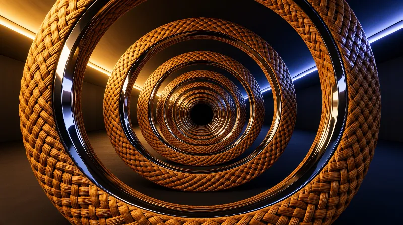 Concentric woven rings with metallic trim create a tunnel shape lit by contrasting blue and orange lights.