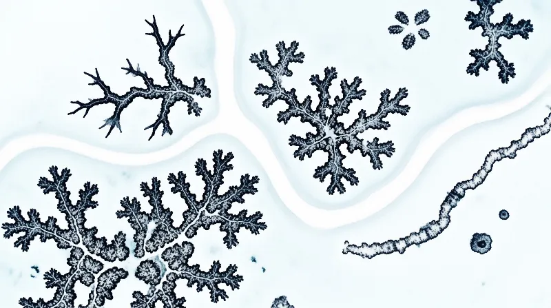 Dark snowflake crystals form delicate branching structures against a pale frosted surface with soft light.