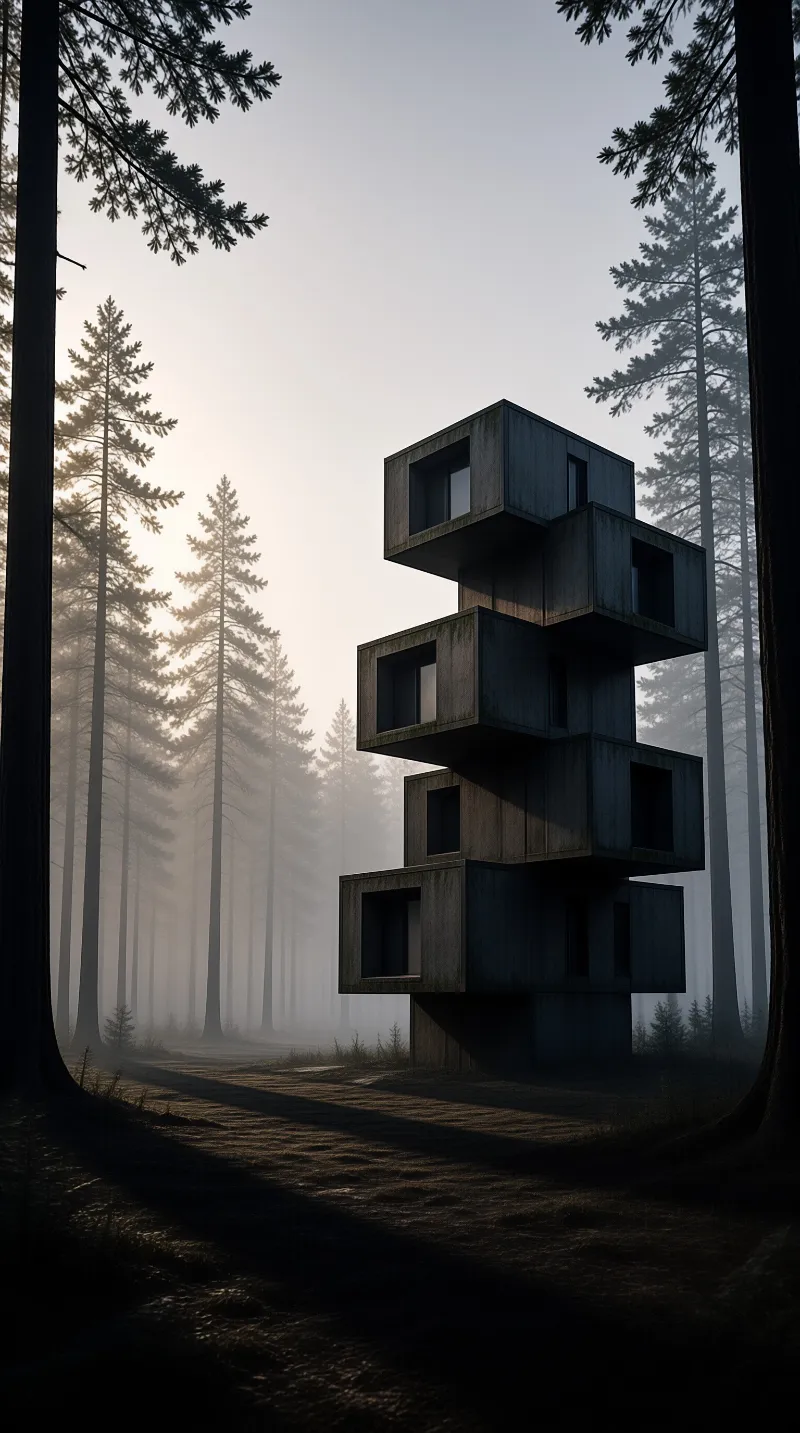 A strange modular structure rises from foggy woods under soft early light.