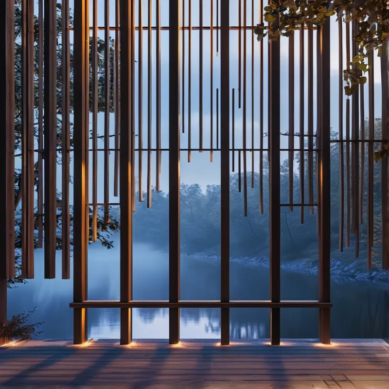A dark wood slatted colonnade stands on a wooden deck facing a misty lake backed by forested hills, warm light glows along the slats and deck against cool blue twilight.