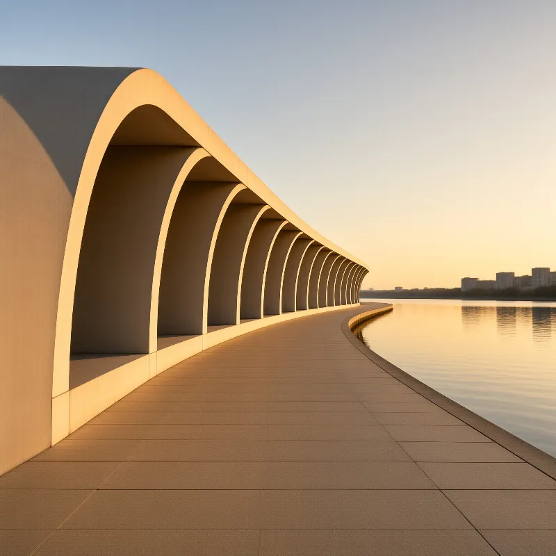 A sweeping waterfront promenade features concrete arches lining a tranquil river bathed in warm sunset light.