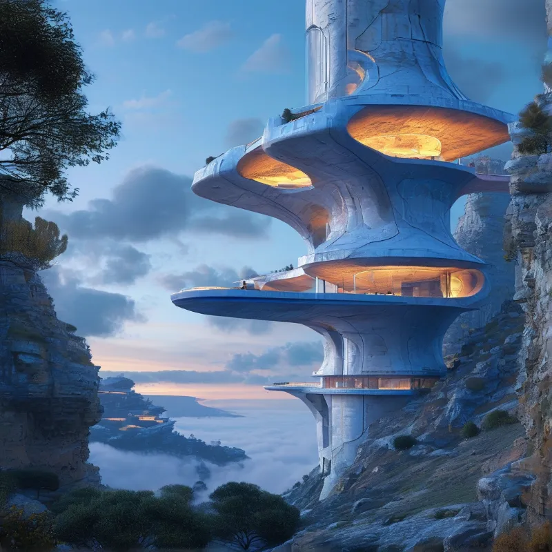 An organic futuristic tower with saucer shaped tiers stands on a rocky cliff overlooking a foggy valley at twilight.