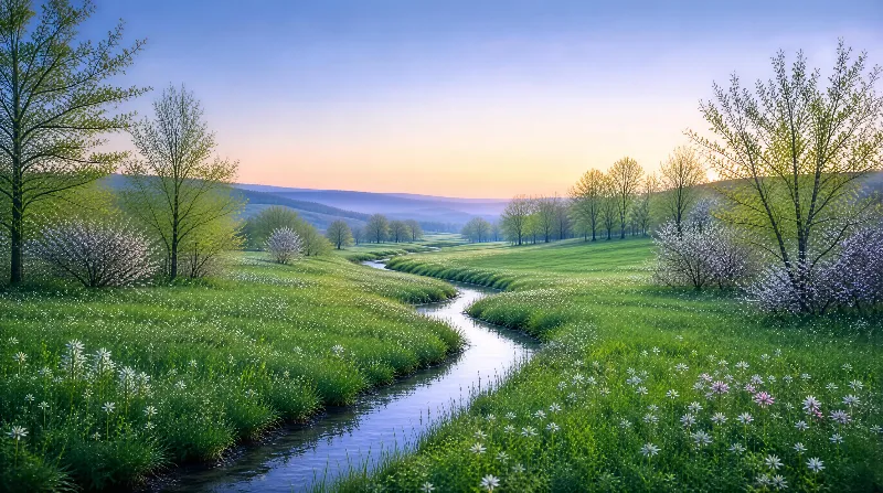 Spring Meadow with Winding Stream