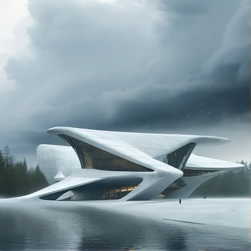 A sculptural white building with wing like canopies stands above a reflecting pool as storm clouds loom over a pine forest