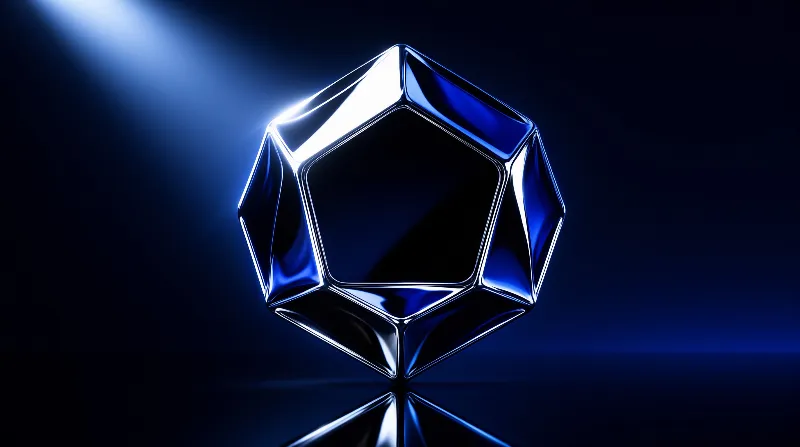 A shiny blue crystal polyhedron sits on a dark reflective surface while a bright cool light shines from the upper left corner.