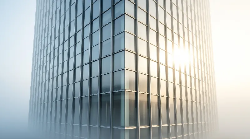 A tall office building features a grid of windows while sunlight flares across its right side against a hazy sky.