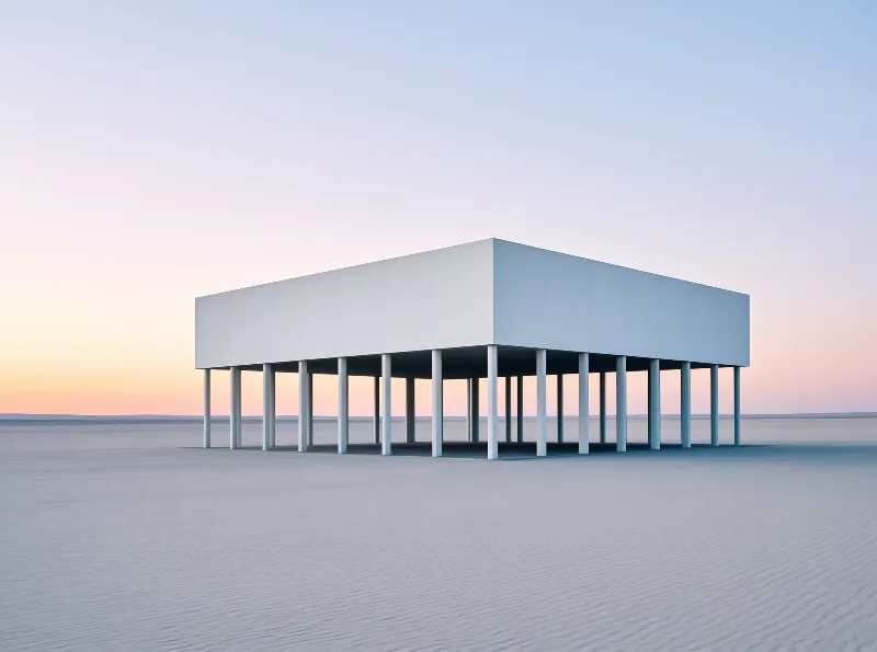A minimalist rectangular structure stands on thin columns above a flat sandy landscape during a gradient sky transition.