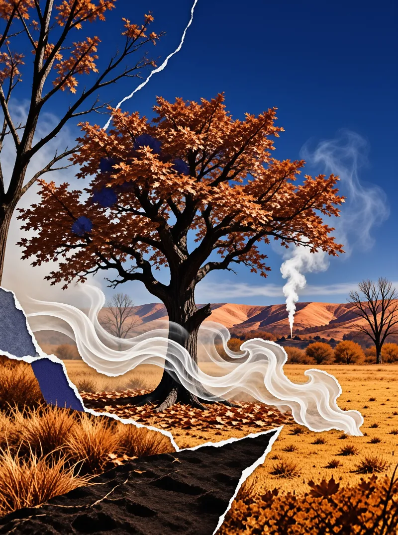An oak tree with orange leaves stands in a field while white smoke waves flow across the foreground under a blue sky.