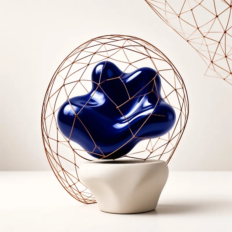 A glossy deep blue organic form floats within a delicate copper wire sphere on a pale pedestal.