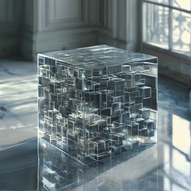 A large clear glass cube containing smaller geometric shapes sits on a shiny surface with sunlight streaming from a window.