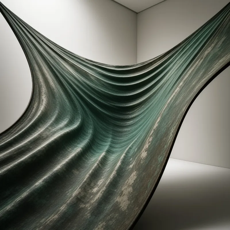 Shiny teal velvet fabric hangs in sweeping curved folds between the bare pale walls of a minimal gallery corner, lit by soft diffused light.