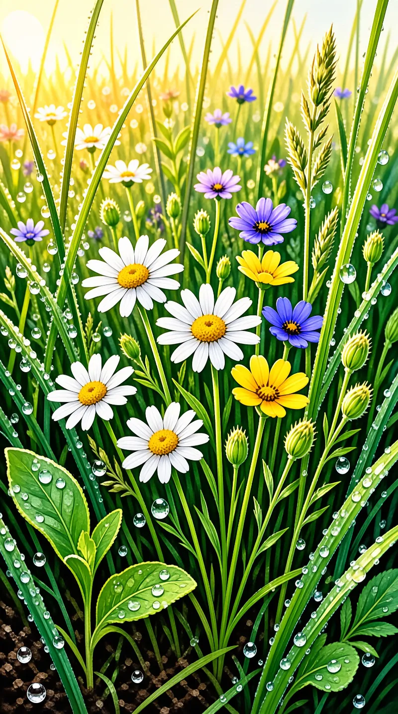A field of white daisies, purple flowers, and yellow blooms stands in dewy green grass under bright golden sunlight.