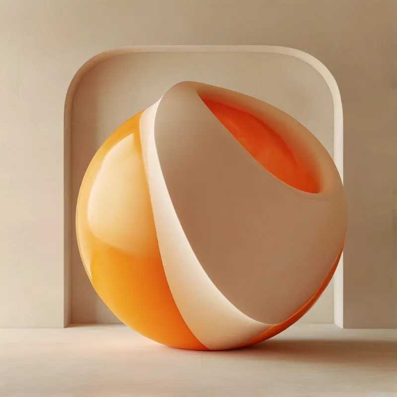 A large glossy sphere featuring orange and cream sections sits inside a recessed beige niche illuminated by soft light.