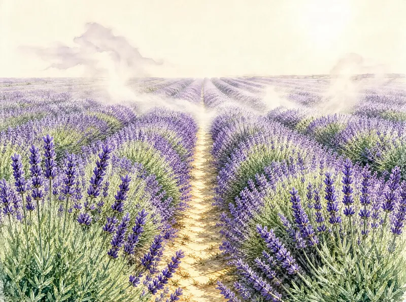 A sunlit lavender field with rows of purple flowers, a narrow path between them, and light mist in the distance under a pale sky