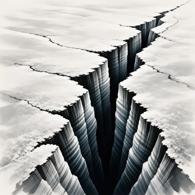 A deep fissure cuts through a pale plateau, its fluted walls drawn in layered grey brushwork that fades to white.