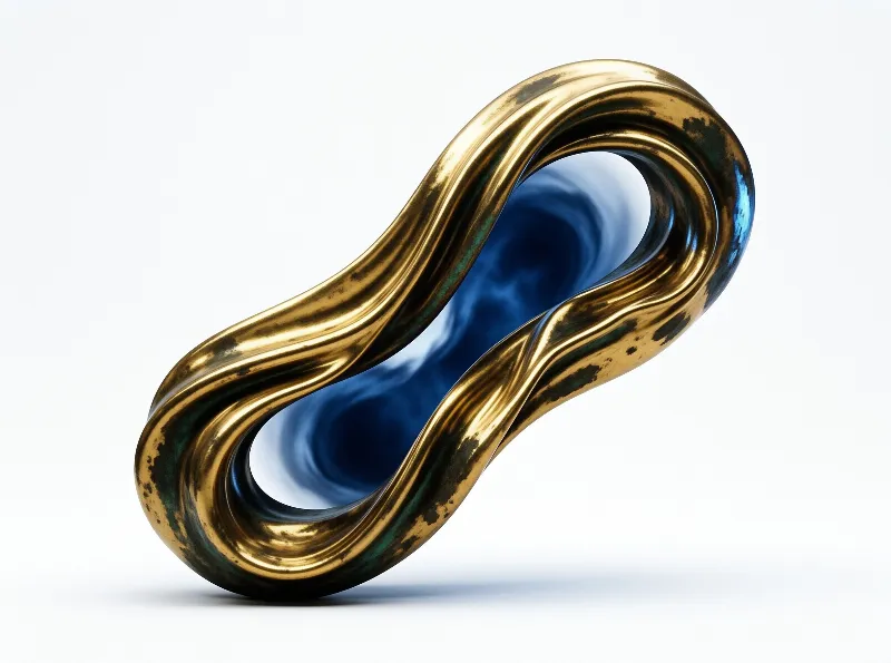A polished bronze twisted infinity shape with a deep blue hollow interior rests on a plain white surface with soft even lighting.