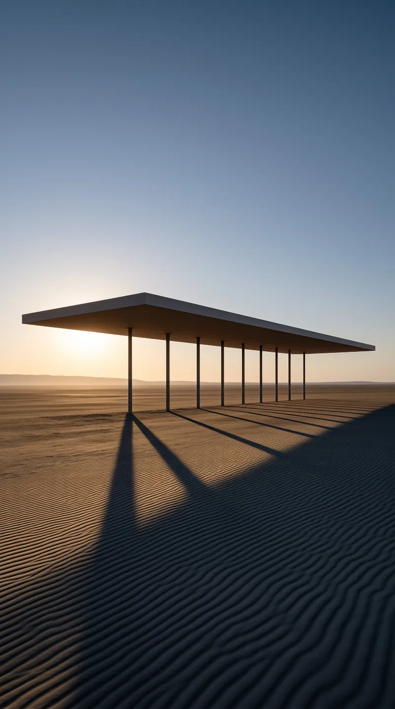 A minimalist concrete structure stands in a vast desert, casting long dark shadows across rippled sand during golden hour.