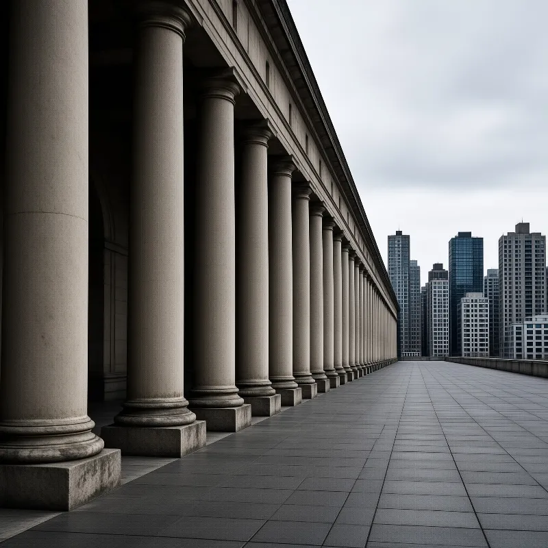 A long row of grey stone pillars lines a paved walkway extending towards tall office buildings under a cloudy sky.