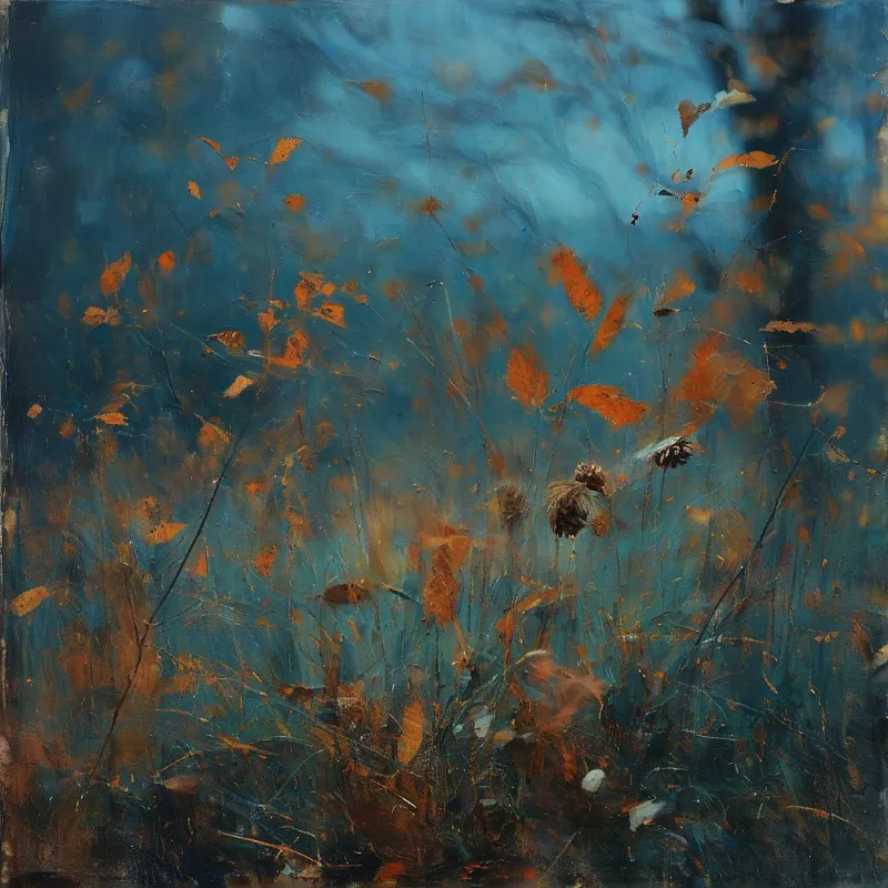 Painted field of dry stalks and orange leaves set against a moody blue sky with visible brushstrokes.