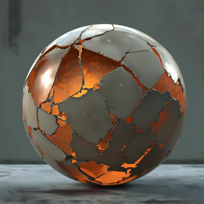 Fractured chrome sphere sits on grey stone, its broken outer layer exposing a bright glowing orange molten interior against a muted grey backdrop.