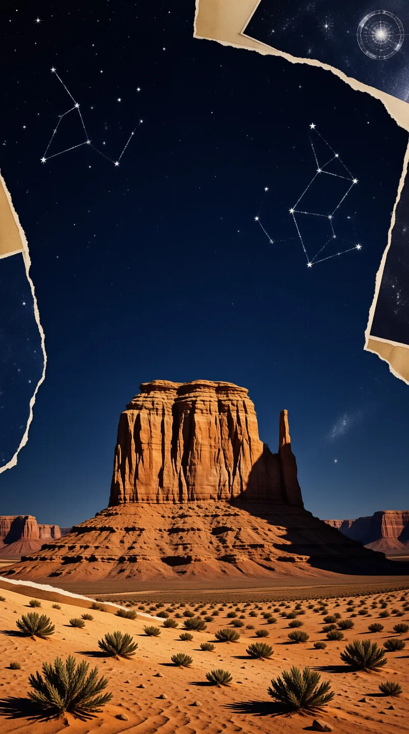 A large sandstone formation stands in a desert under a starry night sky with visible constellation lines and a compass.